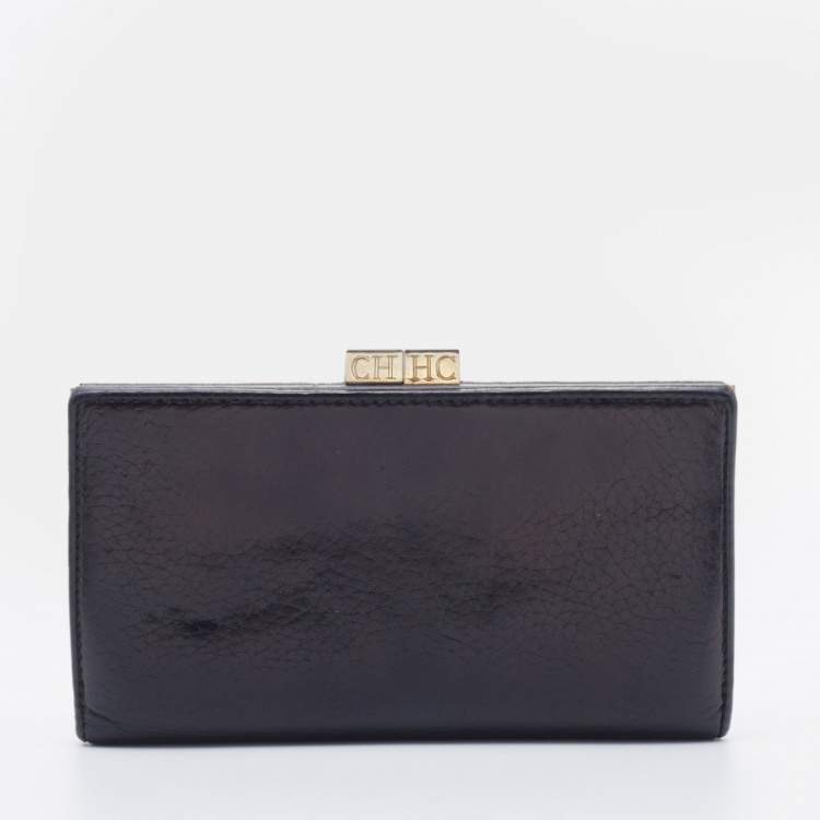 Pre Owned CH Carolina Herrera Black Leather French Continental Wallet