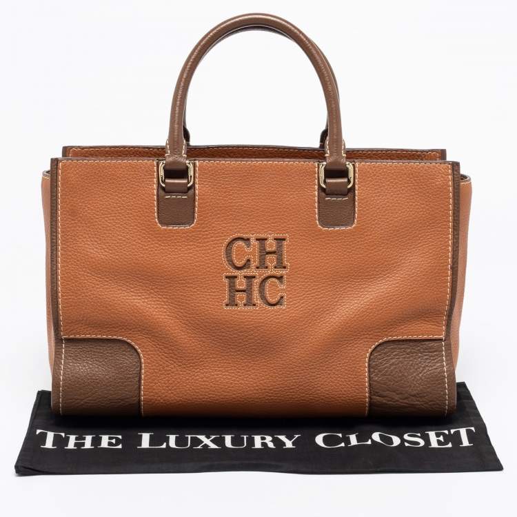 Pre Owned CH Carolina Herrera Brown Leather Front Logo Tote