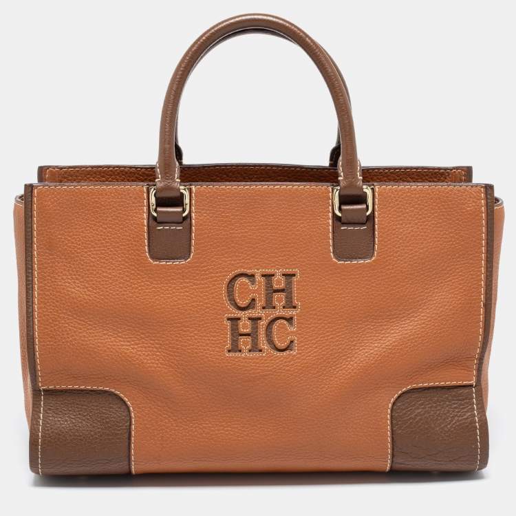 Pre Owned CH Carolina Herrera Brown Leather Front Logo Tote