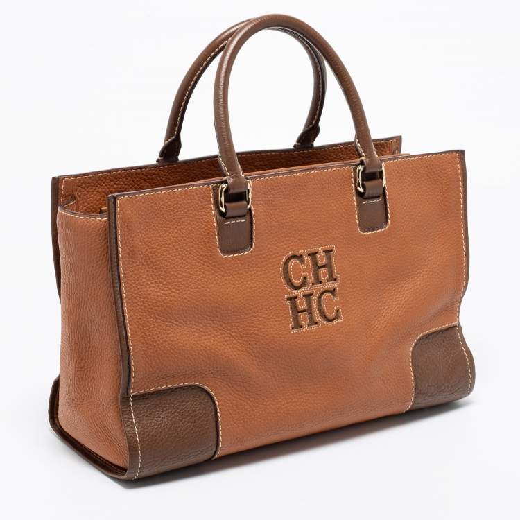 Pre Owned CH Carolina Herrera Brown Leather Front Logo Tote