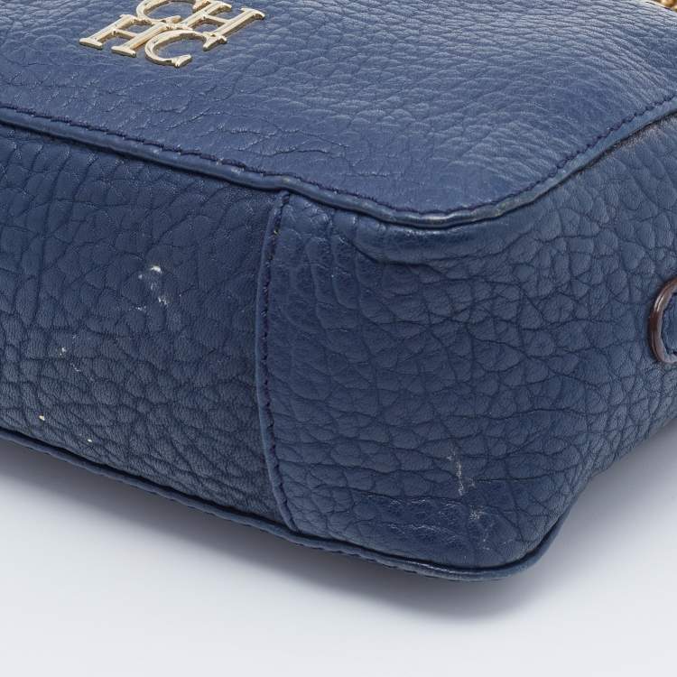 مملوكة مسبقًا CH Carolina Herrera Navy Blue Pebbled Leather Camera Tassel Shoulder Bag
