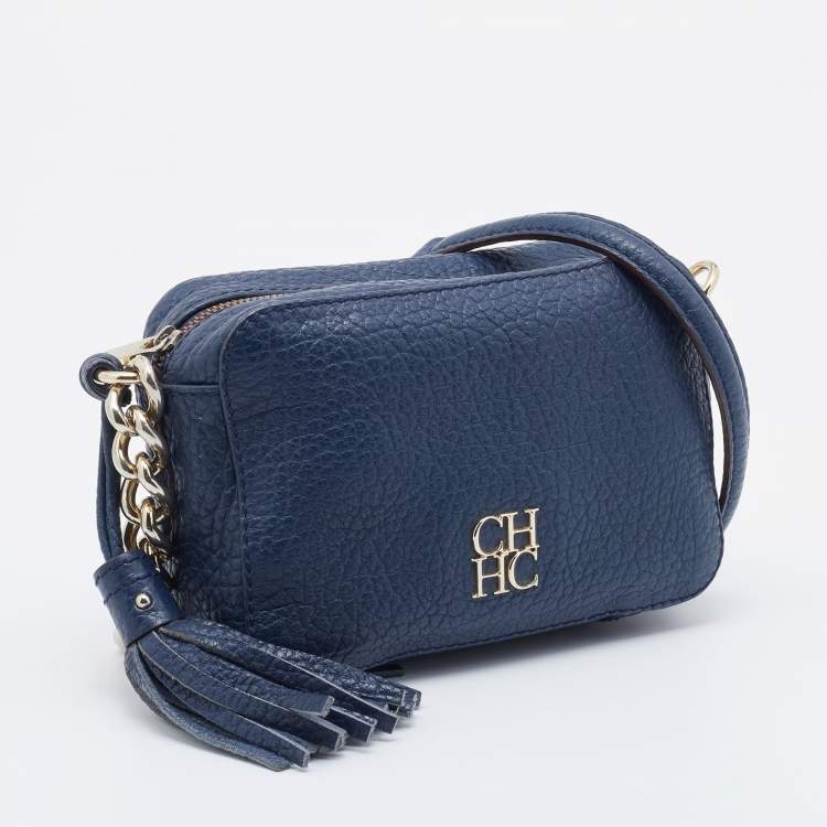 مملوكة مسبقًا CH Carolina Herrera Navy Blue Pebbled Leather Camera Tassel Shoulder Bag