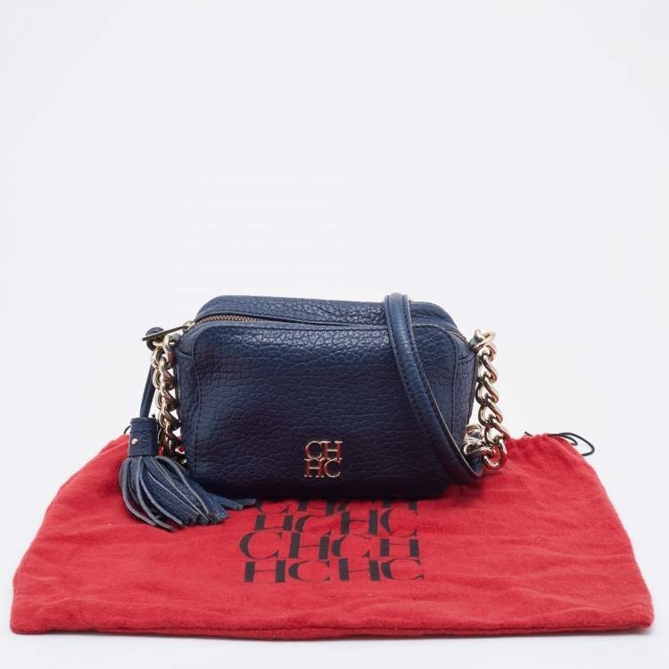 مملوكة مسبقًا CH Carolina Herrera Navy Blue Pebbled Leather Camera Tassel Shoulder Bag