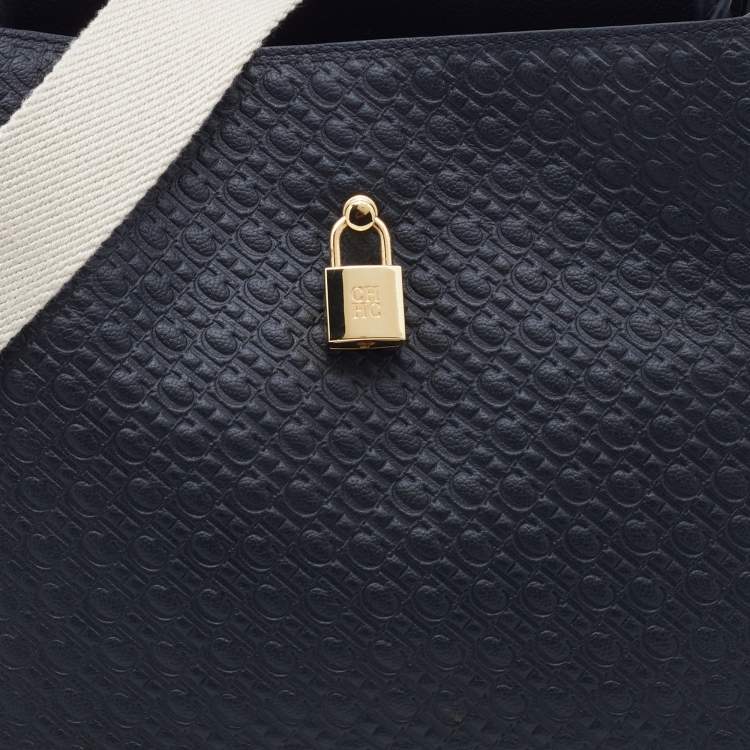Pre Owned CH Carolina Herrera Black Embossed Leather Top Handle Bag