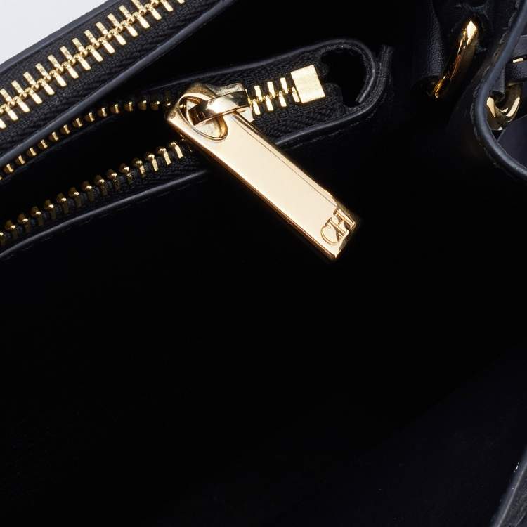 Pre Owned CH Carolina Herrera Black Embossed Leather Top Handle Bag