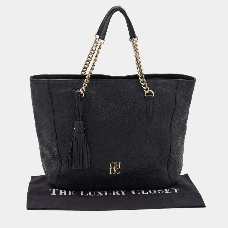 Pre Owned CH Carolina Herrera Black Leather Tassel Chain Tote