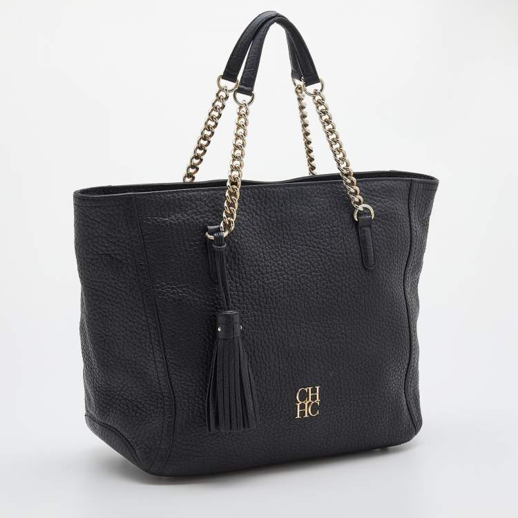 Pre Owned CH Carolina Herrera Black Leather Tassel Chain Tote