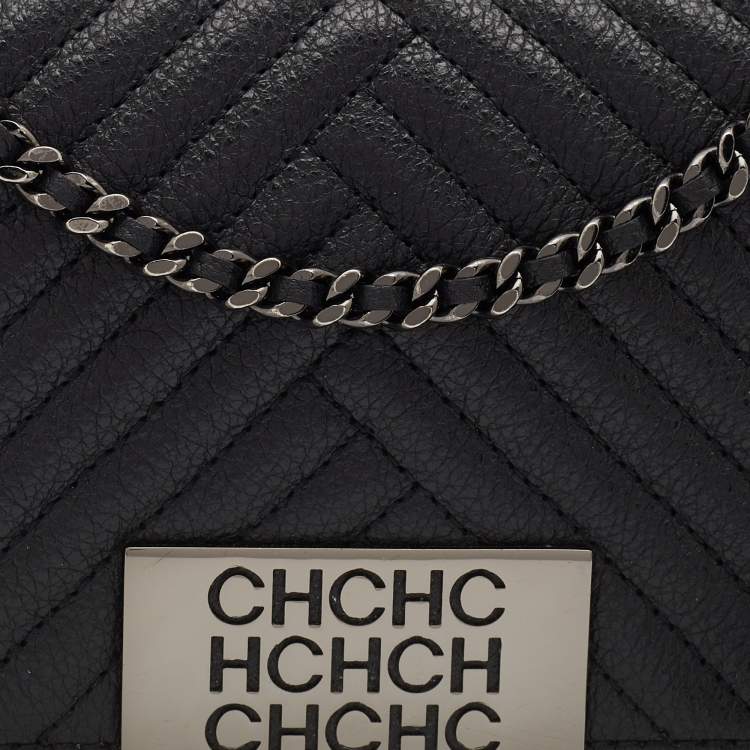 Pre Owned CH Carolina Herrera Black Chevron Leather Bimba Flap Bag