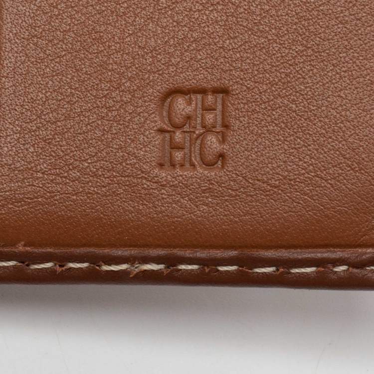 Pre Owned CH Carolina Herrera Tan Monogram Leather Matryoshka Lock Compact Wallet