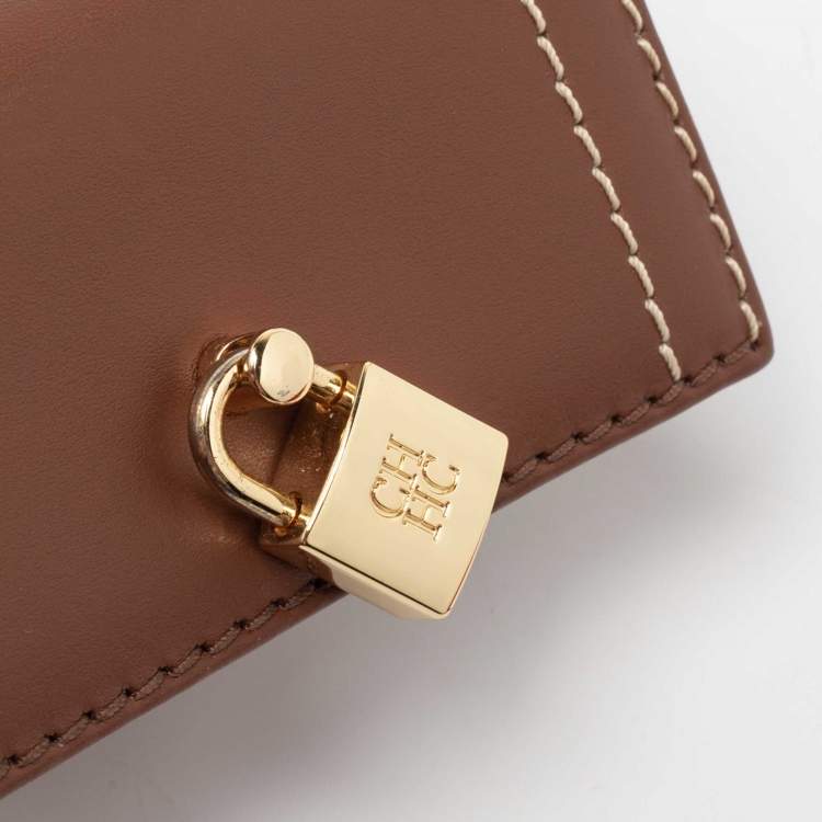 Pre Owned CH Carolina Herrera Tan Monogram Leather Matryoshka Lock Compact Wallet