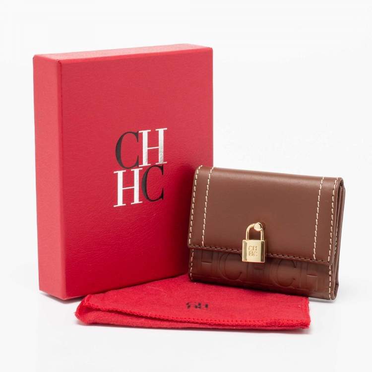 Pre Owned CH Carolina Herrera Tan Monogram Leather Matryoshka Lock Compact Wallet