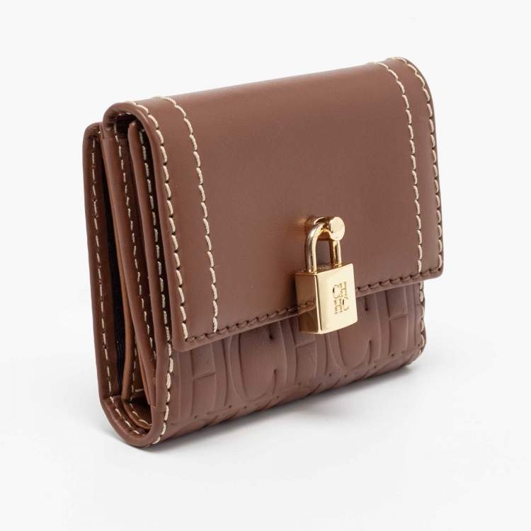 Pre Owned CH Carolina Herrera Tan Monogram Leather Matryoshka Lock Compact Wallet