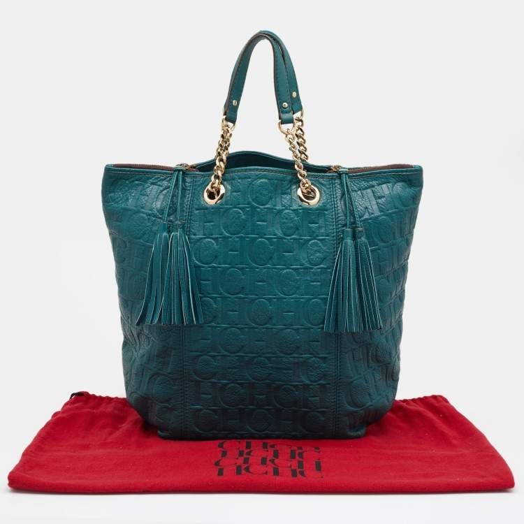 Pre Owned CH Carolina Herrera Teal Green Monogram Embossed Leather Tassel Tote