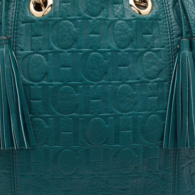 Pre Owned CH Carolina Herrera Teal Green Monogram Embossed Leather Tassel Tote