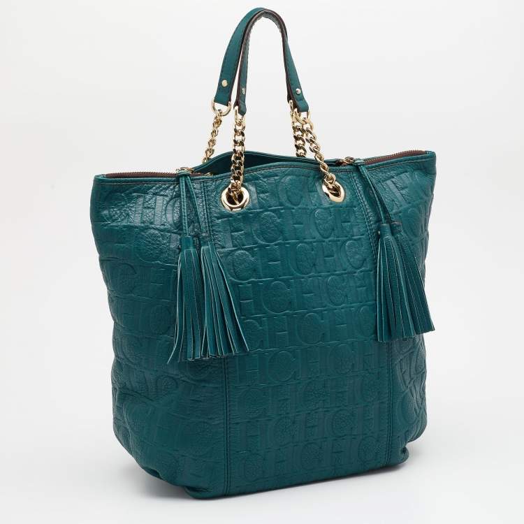 Pre Owned CH Carolina Herrera Teal Green Monogram Embossed Leather Tassel Tote