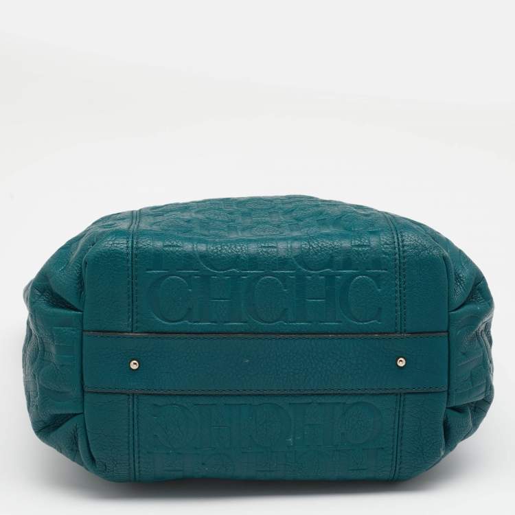 Pre Owned CH Carolina Herrera Teal Green Monogram Embossed Leather Tassel Tote