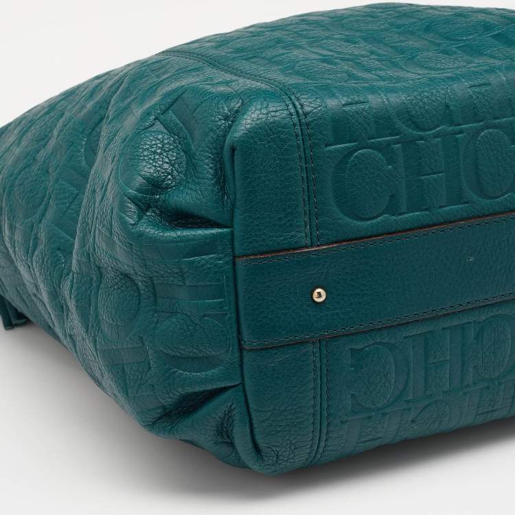 Pre Owned CH Carolina Herrera Teal Green Monogram Embossed Leather Tassel Tote