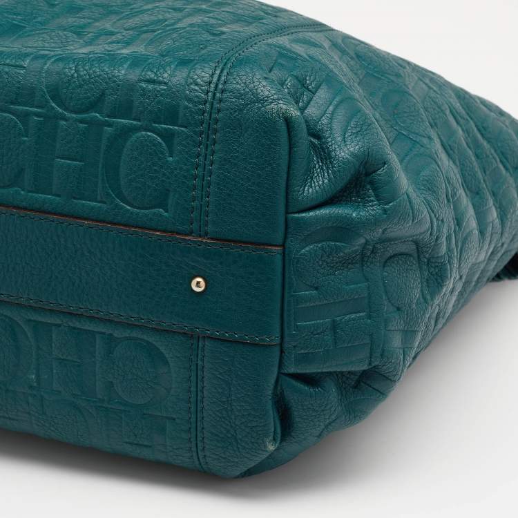 Pre Owned CH Carolina Herrera Teal Green Monogram Embossed Leather Tassel Tote