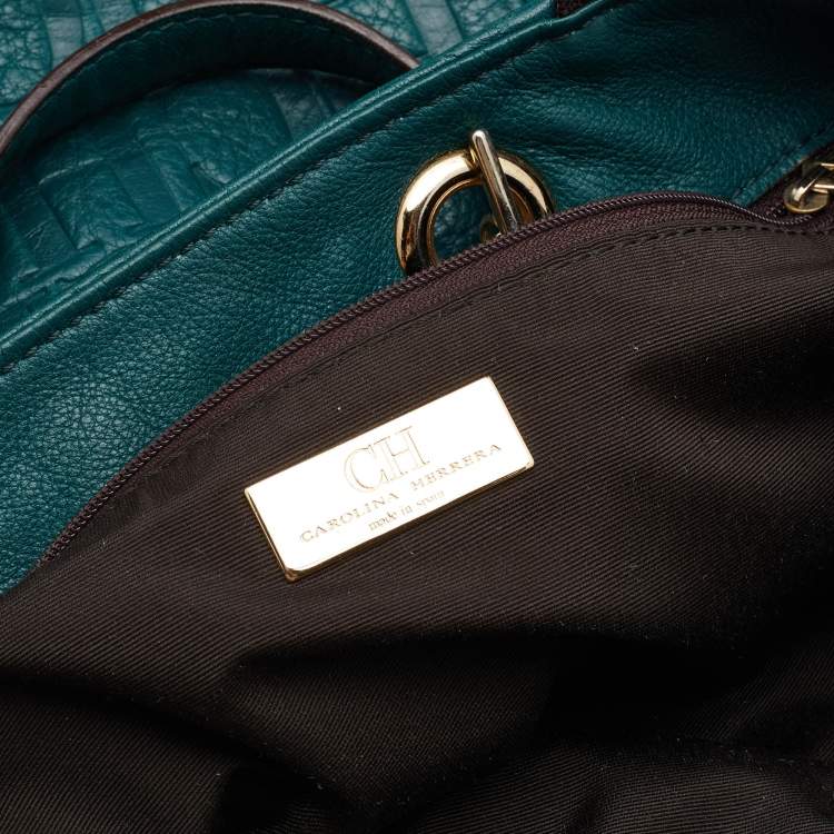 Pre Owned CH Carolina Herrera Teal Green Monogram Embossed Leather Tassel Tote