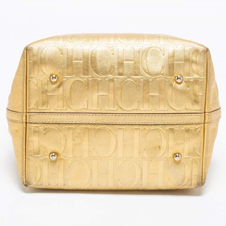 Pre Owned CH Carolina Herrera Gold Monogram Leather Matryoshka Tote