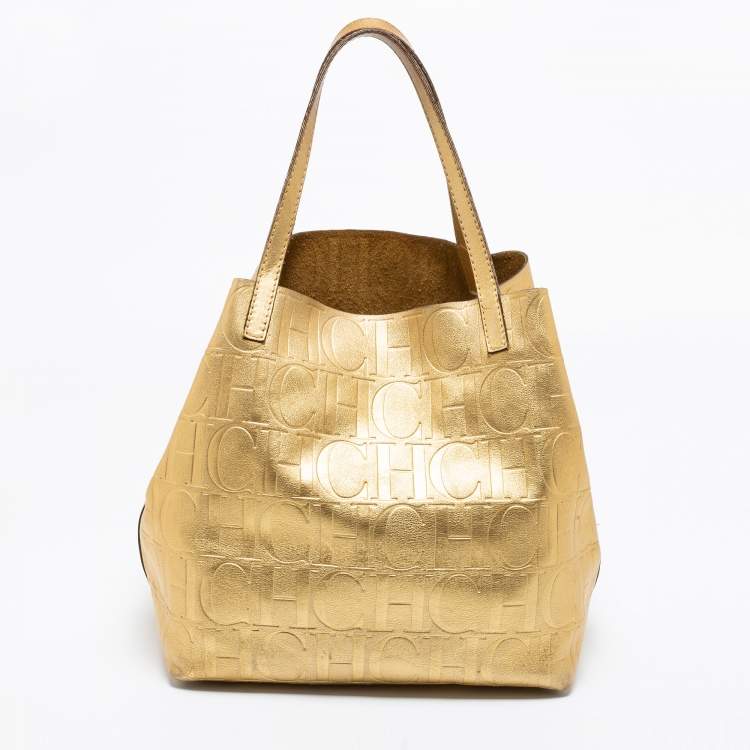 Pre Owned CH Carolina Herrera Gold Monogram Leather Matryoshka Tote