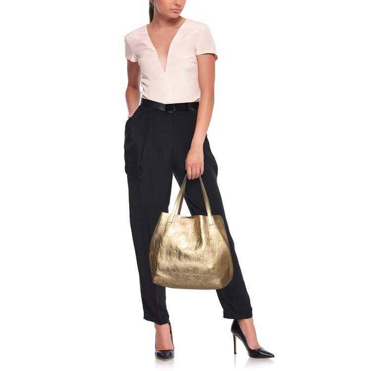 Pre Owned CH Carolina Herrera Gold Monogram Leather Matryoshka Tote