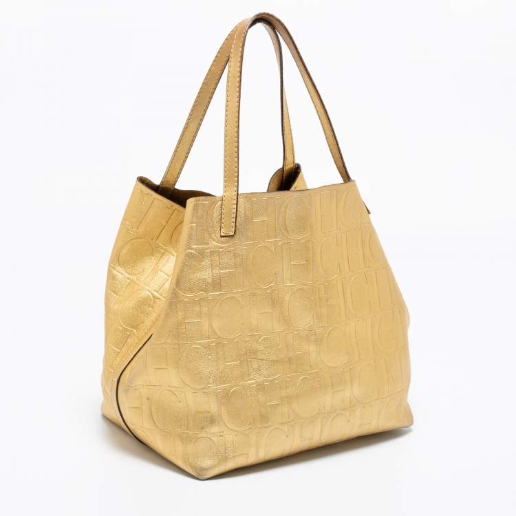 Pre Owned CH Carolina Herrera Gold Monogram Leather Matryoshka Tote