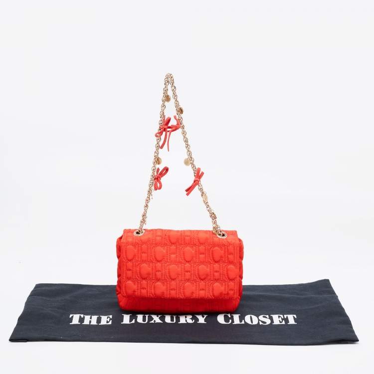 Pre Owned CH Carolina Herrera Orange Logo Embroidered Nylon Baguette Bag