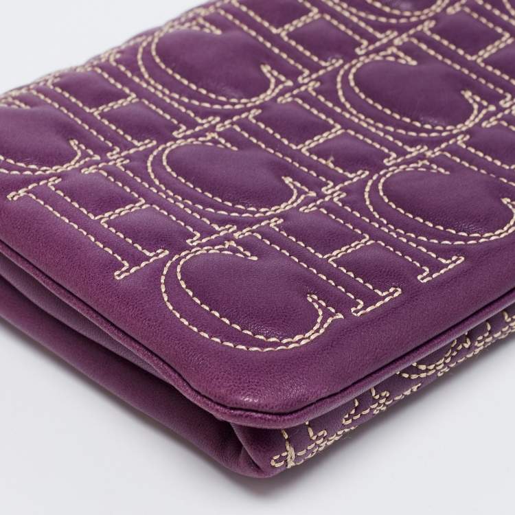Pre Owned CH Carolina Herrera Purple Monogram Embroidered Leather Flap Clutch