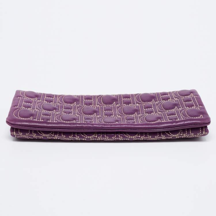 Pre Owned CH Carolina Herrera Purple Monogram Embroidered Leather Flap Clutch