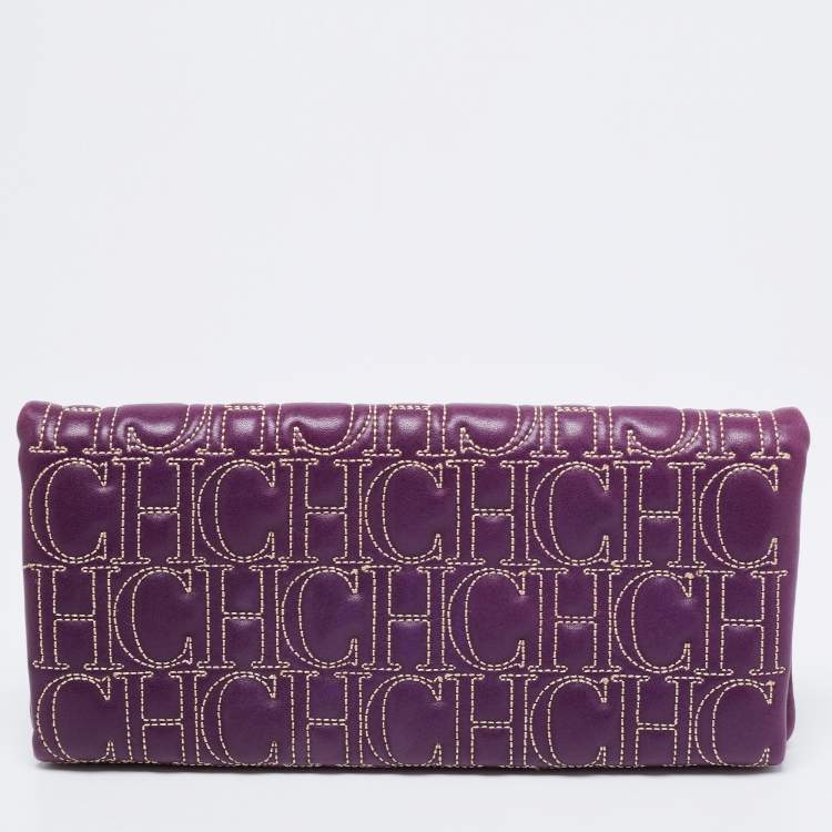 Pre Owned CH Carolina Herrera Purple Monogram Embroidered Leather Flap Clutch