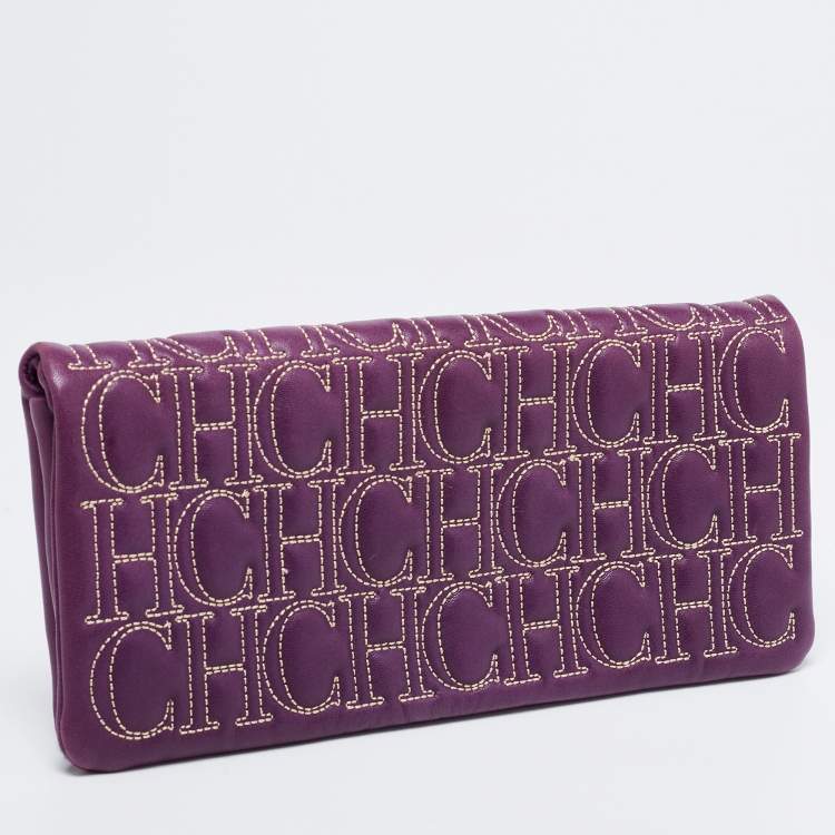 Pre Owned CH Carolina Herrera Purple Monogram Embroidered Leather Flap Clutch