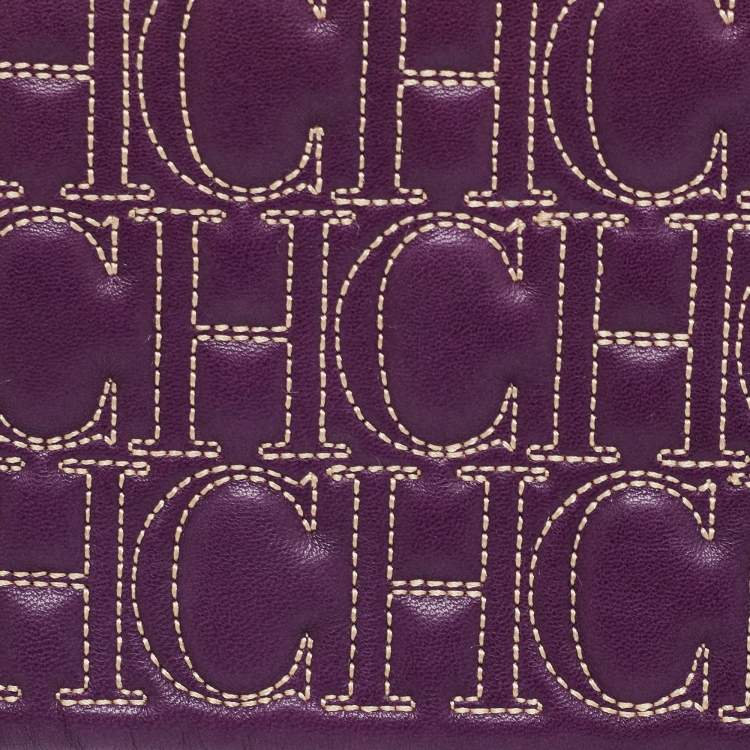 Pre Owned CH Carolina Herrera Purple Monogram Embroidered Leather Flap Clutch