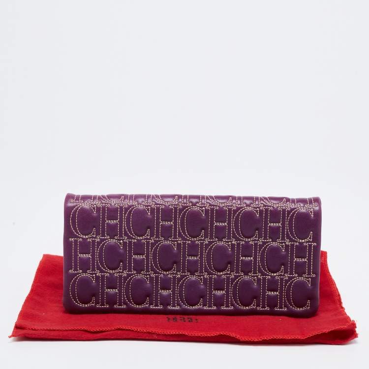 Pre Owned CH Carolina Herrera Purple Monogram Embroidered Leather Flap Clutch