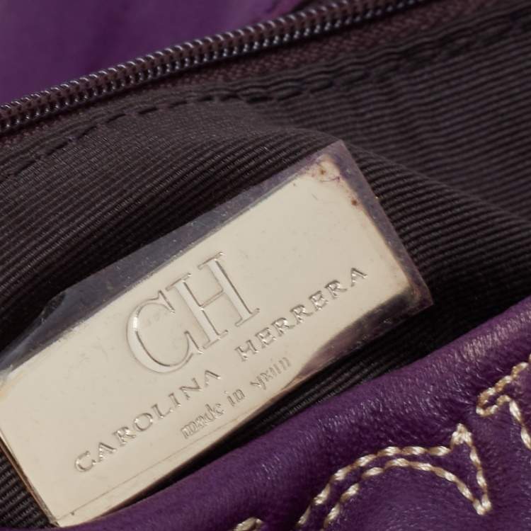 Pre Owned CH Carolina Herrera Purple Monogram Embroidered Leather Flap Clutch
