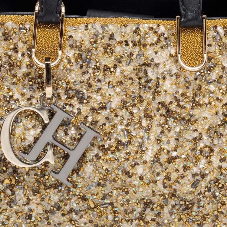 Pre Owned CH Carolina Herrera Gold/Black Leather and Crystal Embellished Duchess Tote