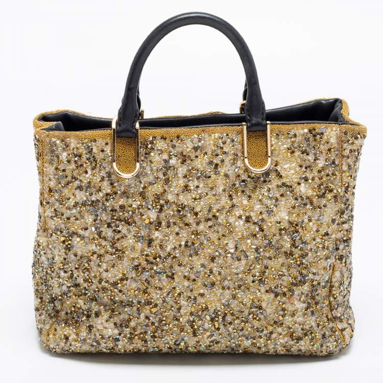 Pre Owned CH Carolina Herrera Gold/Black Leather and Crystal Embellished Duchess Tote