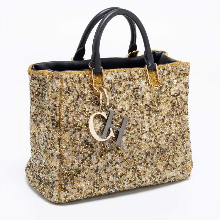 Pre Owned CH Carolina Herrera Gold/Black Leather and Crystal Embellished Duchess Tote