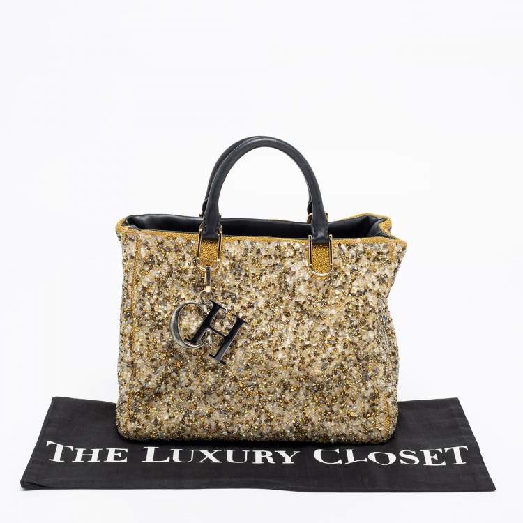 Pre Owned CH Carolina Herrera Gold/Black Leather and Crystal Embellished Duchess Tote