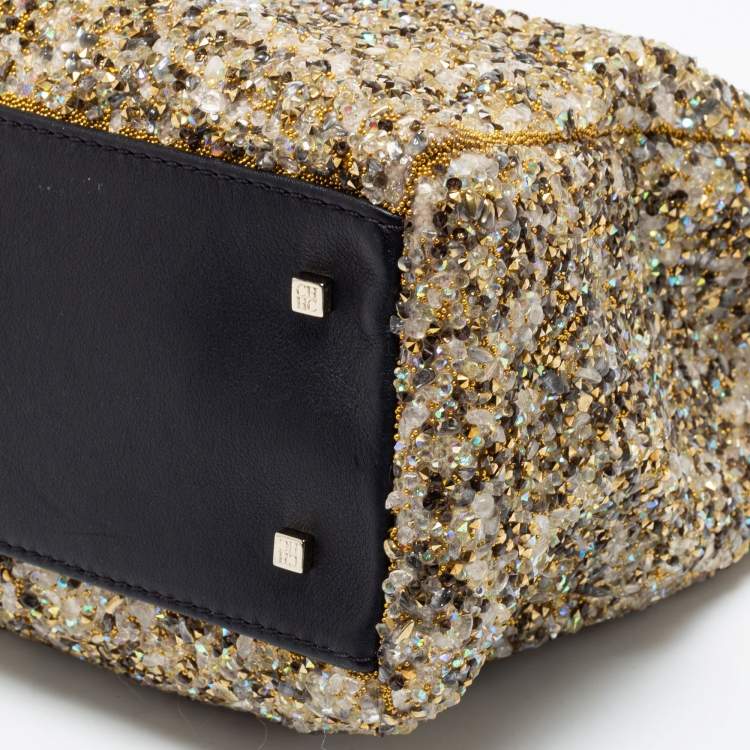 Pre Owned CH Carolina Herrera Gold/Black Leather and Crystal Embellished Duchess Tote