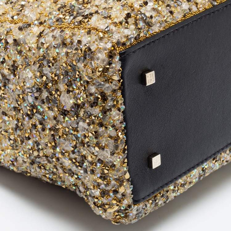 Pre Owned CH Carolina Herrera Gold/Black Leather and Crystal Embellished Duchess Tote
