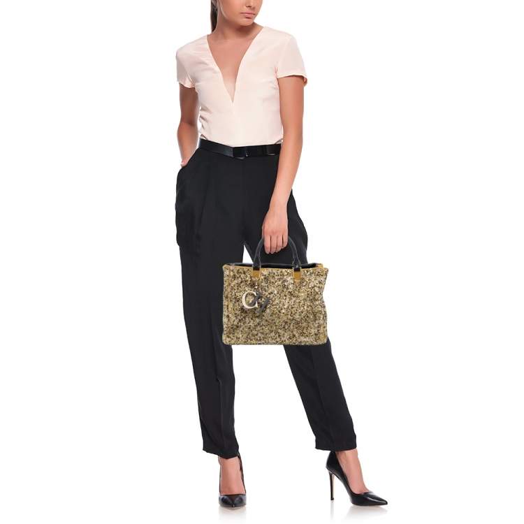 Pre Owned CH Carolina Herrera Gold/Black Leather and Crystal Embellished Duchess Tote