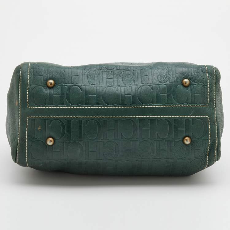 Pre Owned CH Carolina Herrera Green/Beige Monogram Embossed Leather Large Andy Boston Bag