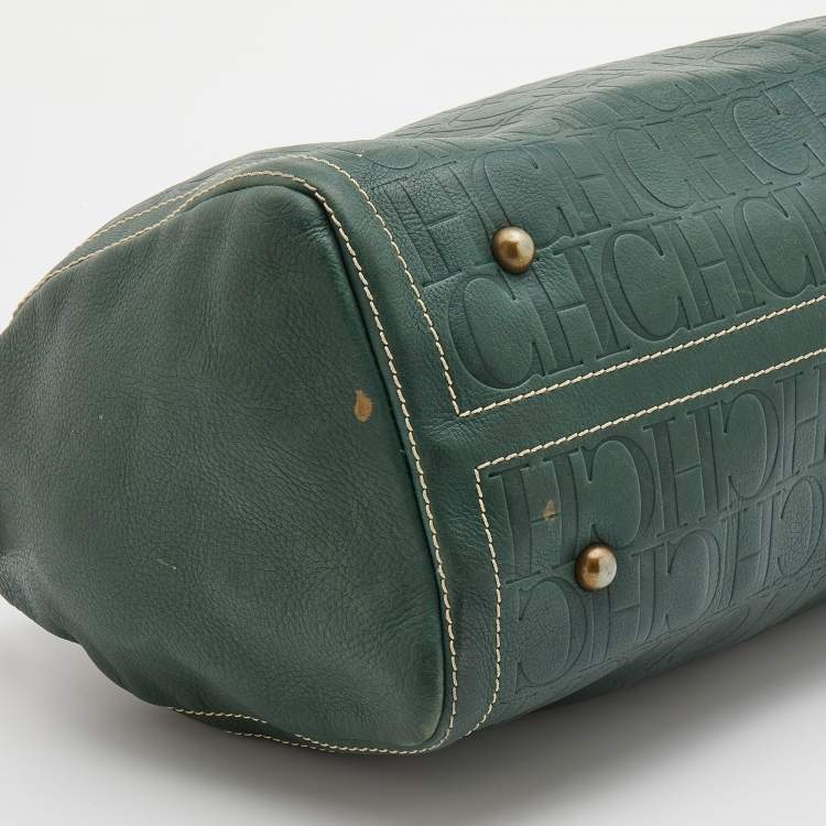 Pre Owned CH Carolina Herrera Green/Beige Monogram Embossed Leather Large Andy Boston Bag