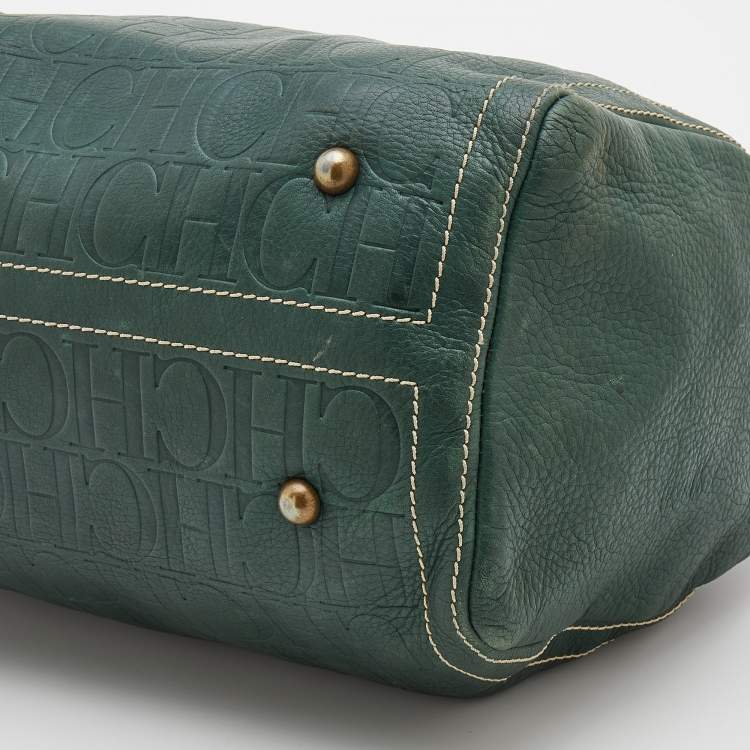 Pre Owned CH Carolina Herrera Green/Beige Monogram Embossed Leather Large Andy Boston Bag