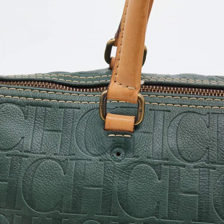 Pre Owned CH Carolina Herrera Green/Beige Monogram Embossed Leather Large Andy Boston Bag