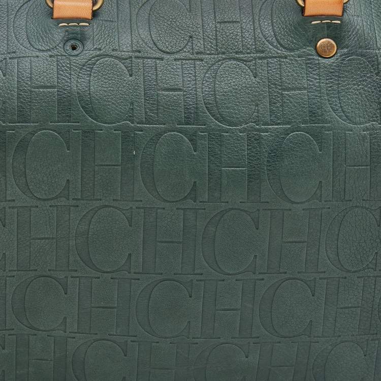 Pre Owned CH Carolina Herrera Green/Beige Monogram Embossed Leather Large Andy Boston Bag