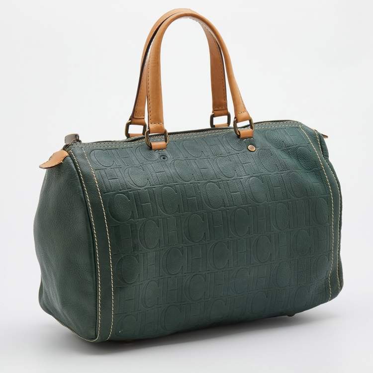 Pre Owned CH Carolina Herrera Green/Beige Monogram Embossed Leather Large Andy Boston Bag
