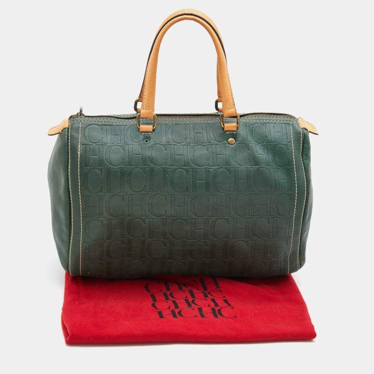 Pre Owned CH Carolina Herrera Green/Beige Monogram Embossed Leather Large Andy Boston Bag