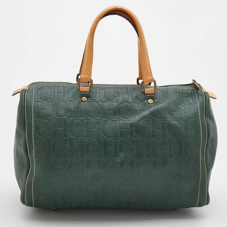 Pre Owned CH Carolina Herrera Green/Beige Monogram Embossed Leather Large Andy Boston Bag